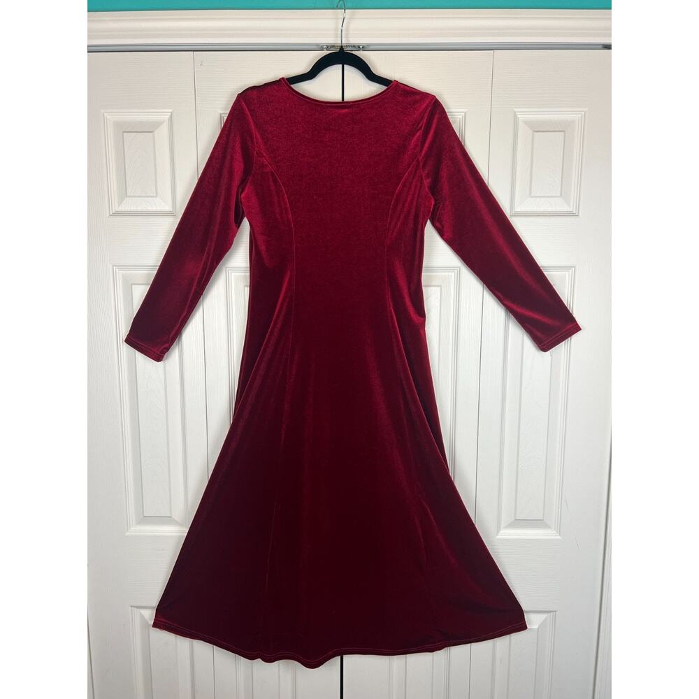 Red Velour Midi Dress Long Sleeve Fit & Flare Stretch Minimalist Small 6 - Picture 6 of 7